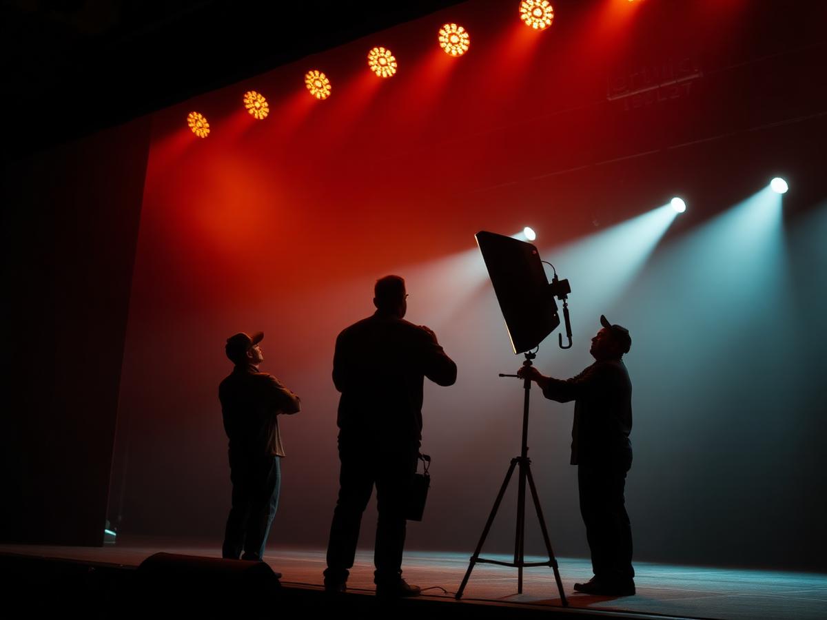 Stage crew silhouetted against warm theater lights